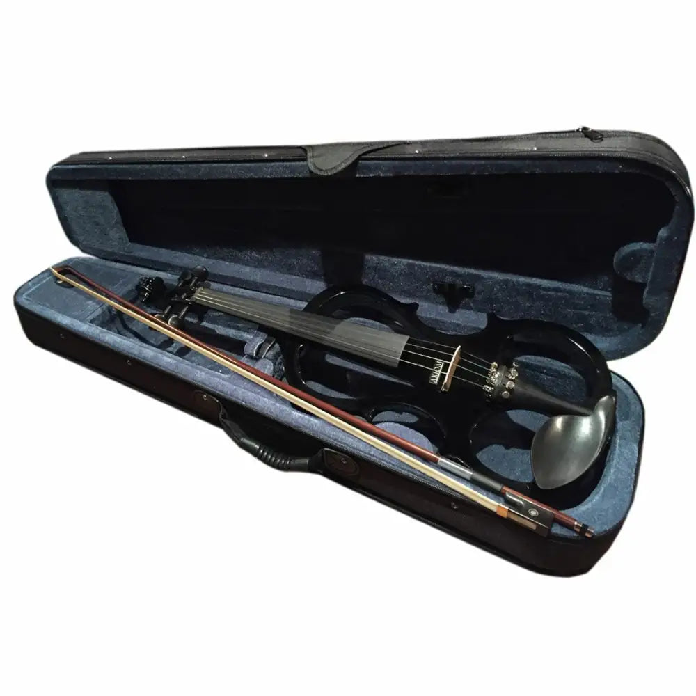 Black electric violin in open case with bow from Axiom Electric Violin Outfit full size