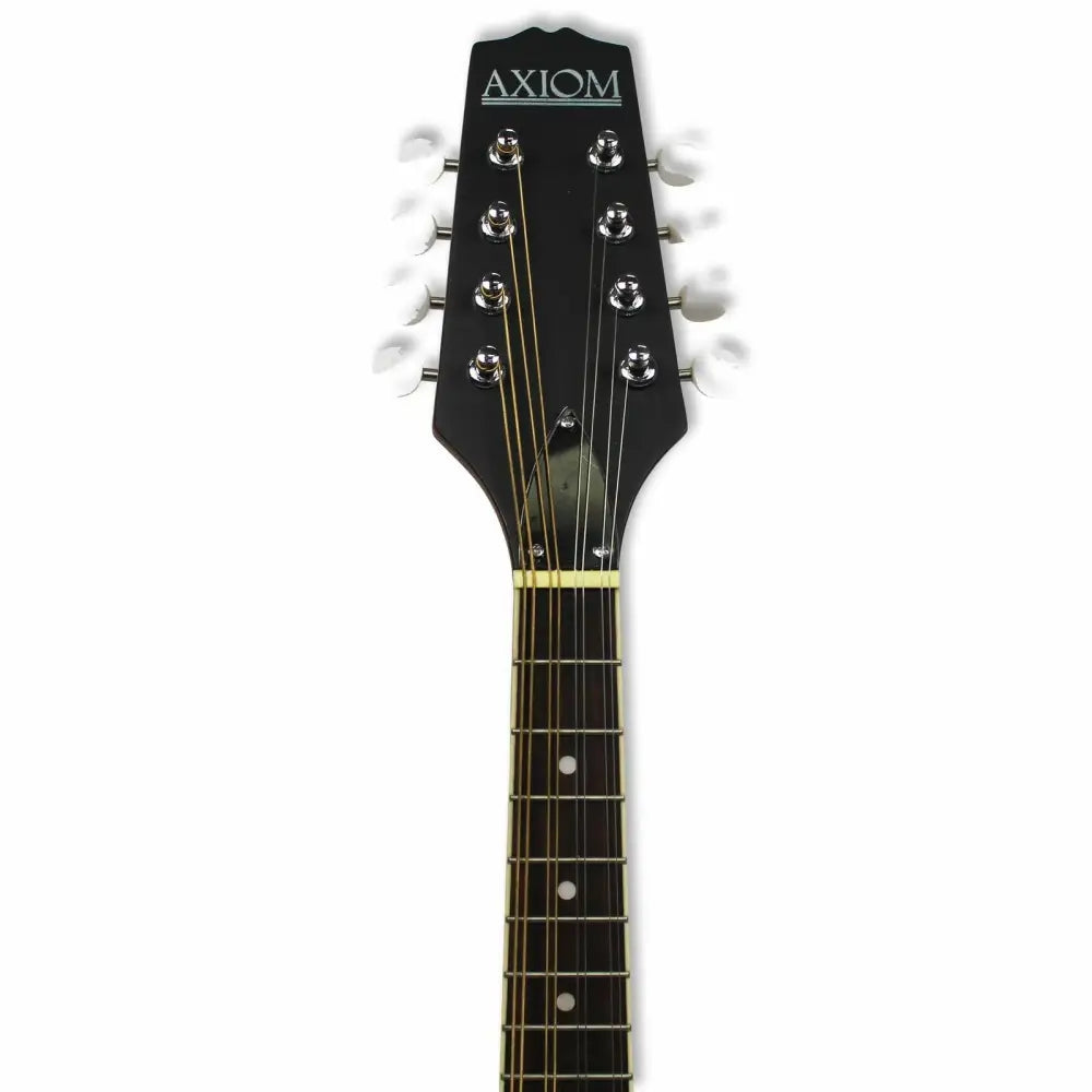 Black Axiom Mandolin headstock and fretboard with eight tuning pegs, perfect for beginners or cheap mandolin for sale in Australia