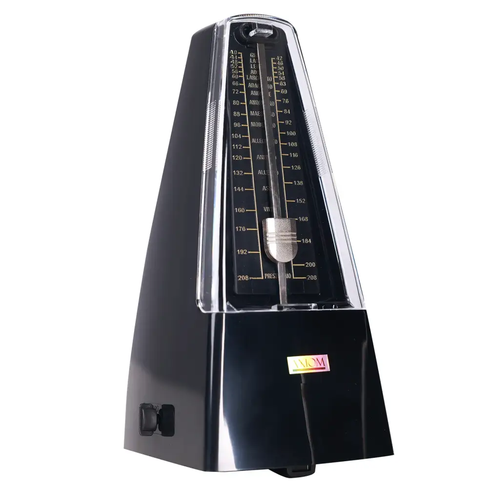Black Axiom mechanical metronome with transparent front showing gold musical notes and a silver pendulum