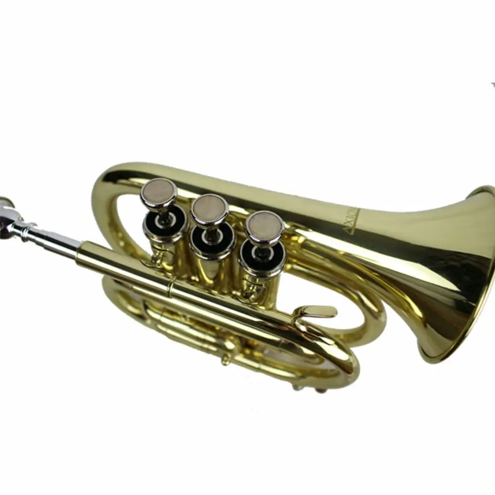 Gold-colored three-valve pocket trumpet from the Axiom Pocket Trumpet Outfit, great budget priced pocket trumpet for sale Australia