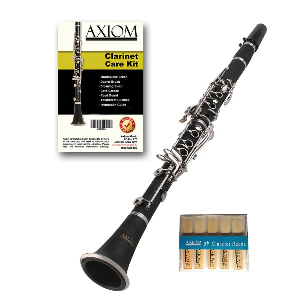 Black clarinet with silver keys, care kit, and reeds – perfect school band clarinet for sale Australia