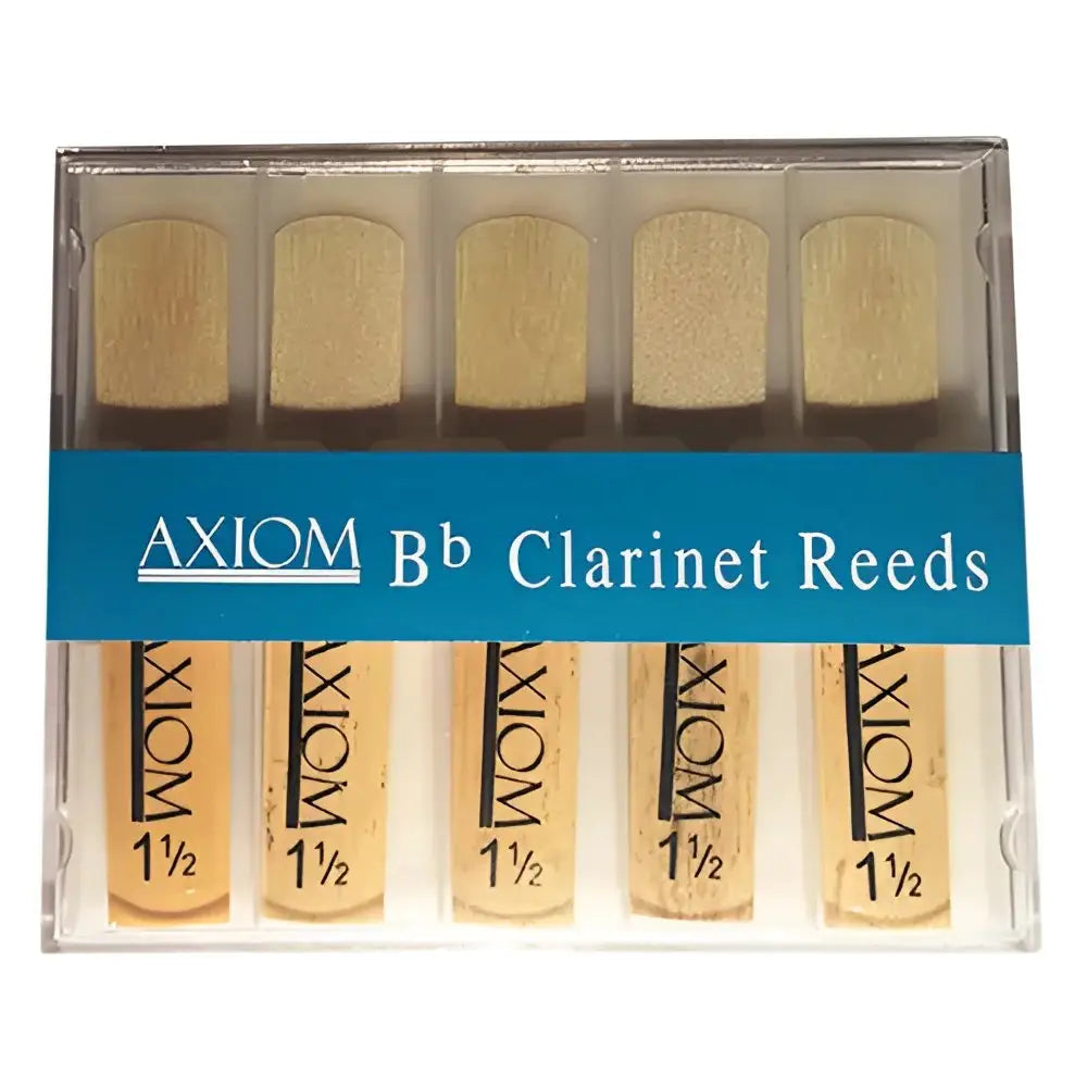 Clear plastic box with five Axiom Bb Clarinet Reeds size 1 1/2 for school band clarinet