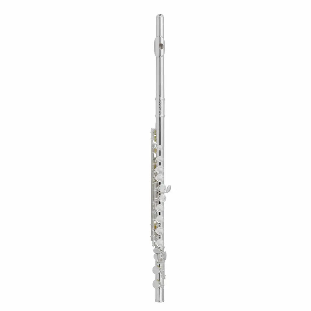 Silver orchestral flute with closed keys from Axiom Prelude Curved Head Flute Outfit, perfect flute for young players