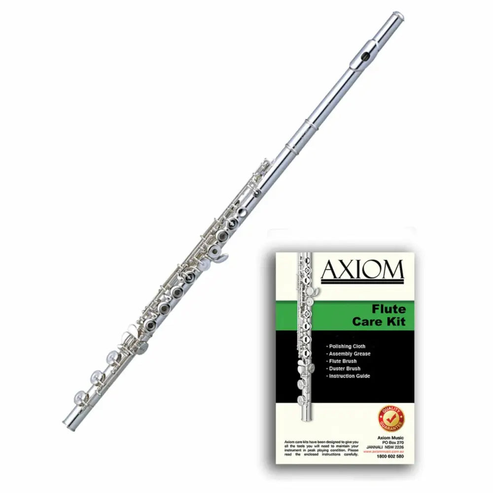 Silver flute and care kit from Axiom Prelude Flute Plus for beginner flute outfit