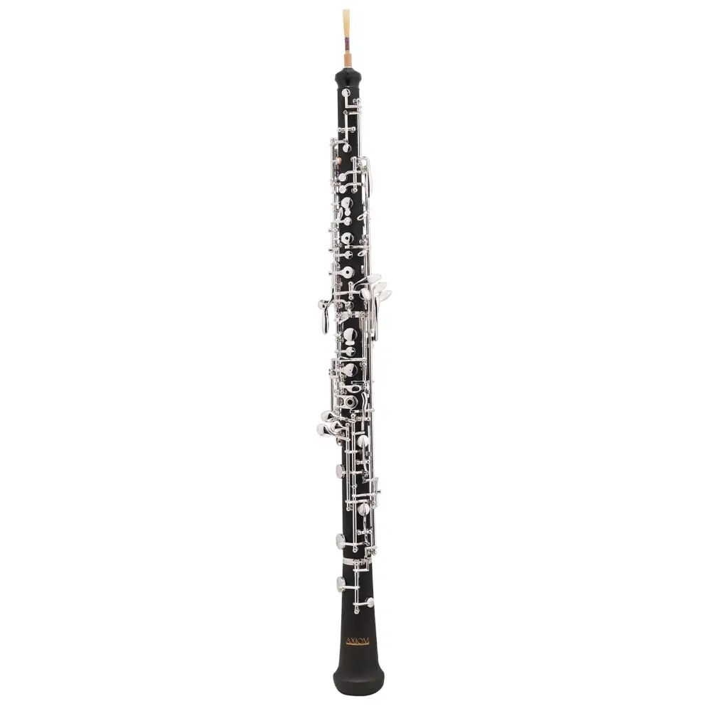Black wooden bassoon with silver keys and gold mouthpiece shown with axiom prelude oboe outfit product details