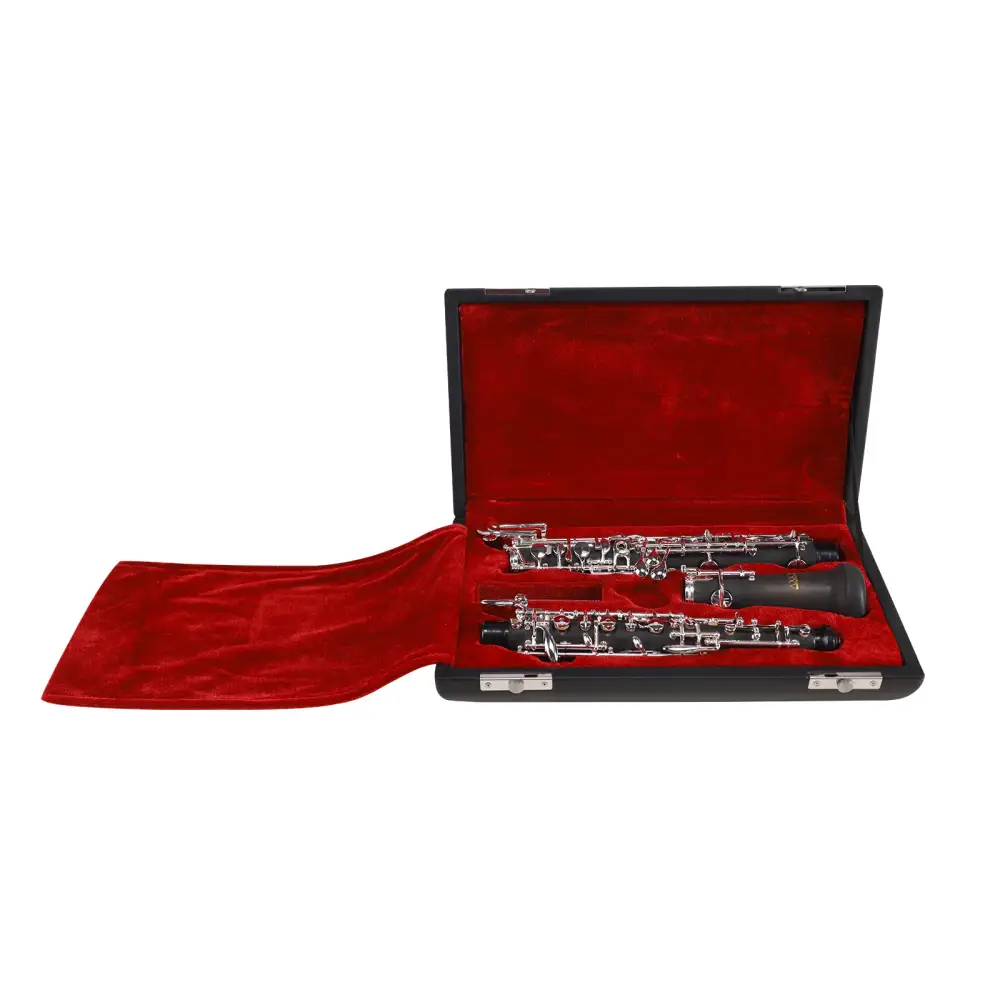 Axiom prelude oboe outfit showing black and silver clarinet set nestled in red velvet-lined case