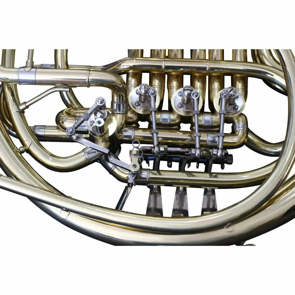 Close-up of brass tubing and rotary valves on Axiom Prelude Series French Horn for sale Australia