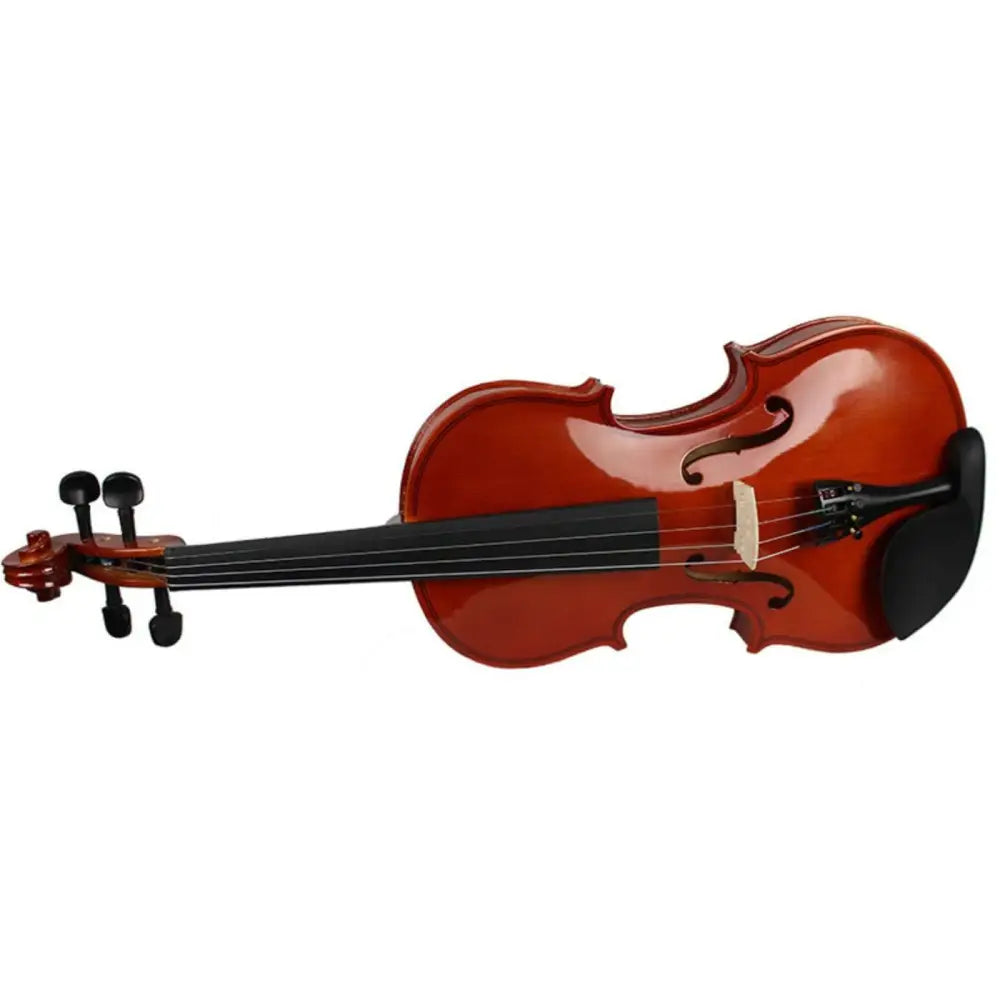 Shiny reddish-brown full size beginner violin with black tuning pegs and chin rest