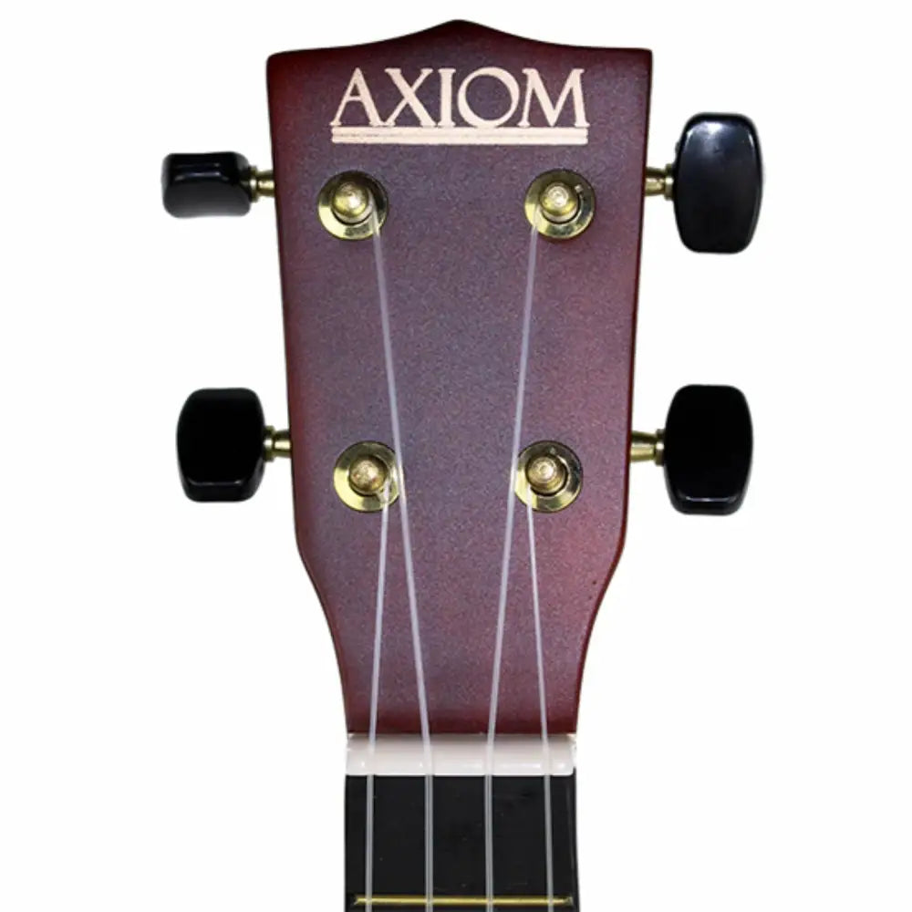 Dark wood ukulele headstock with four tuning pegs and white strings for cheap soprano ukulele with bag Australia