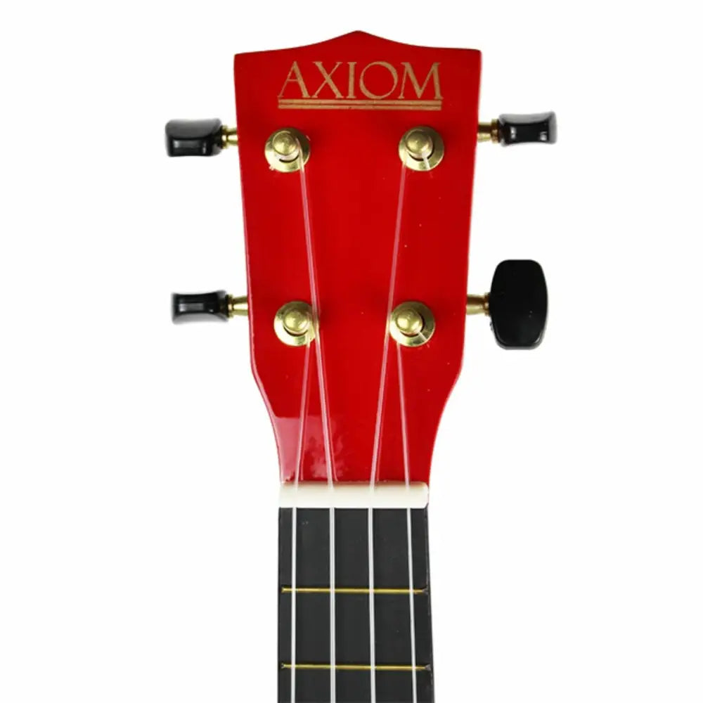 Red ukulele headstock with black tuning pegs on Axiom Spectrum soprano beginner ukulele in Australia