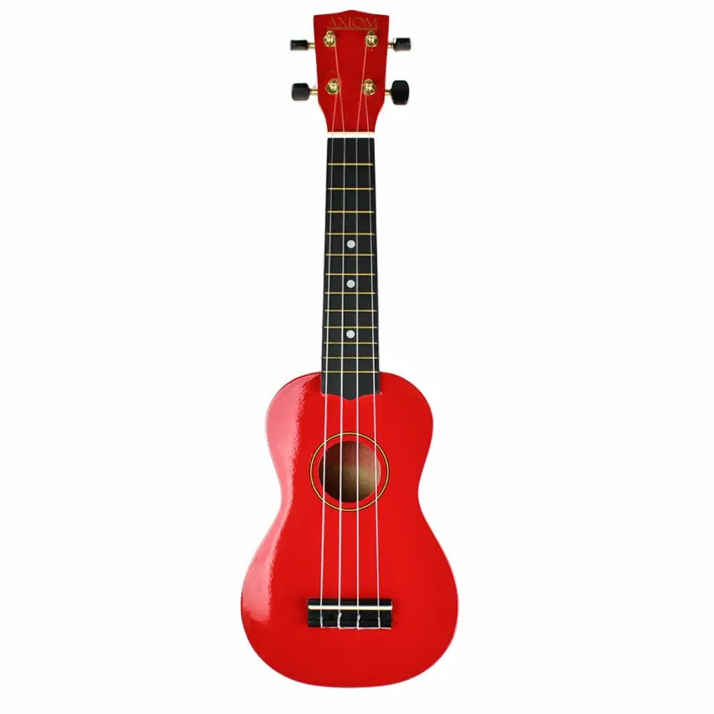 Red ukulele with four strings and black fretboard from Axiom Spectrum ukulele set with carry case Australia