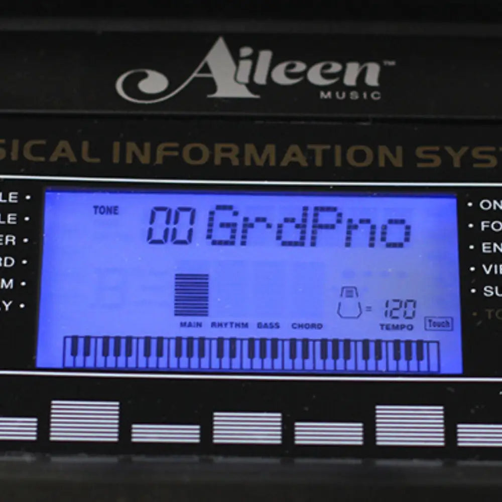 Black digital piano with blue LCD screen on Axiom Student Beginner Keyboard with Touch Response