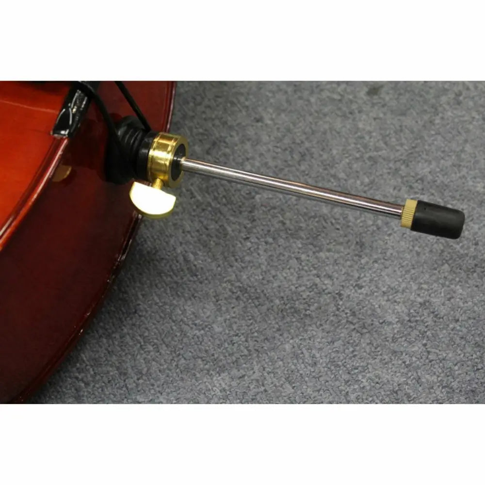 Shiny metal endpin with rubber tip on dark wooden cello for sale Australia
