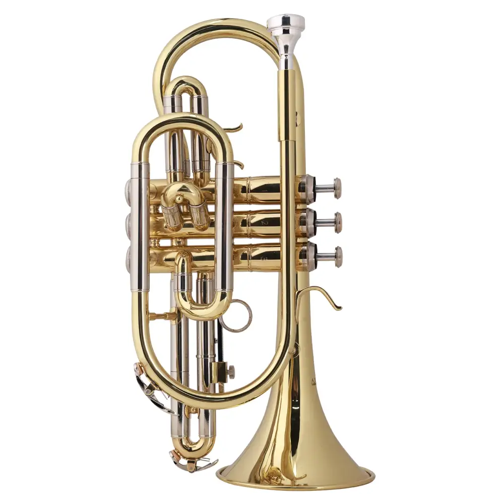 Shiny gold-plated brass axiom student cornet with silver valves and premium case perfect for beginners
