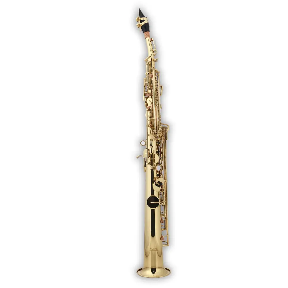 Gold-colored axiom student soprano saxophone bb with black mouthpiece and key guards shown from the back side