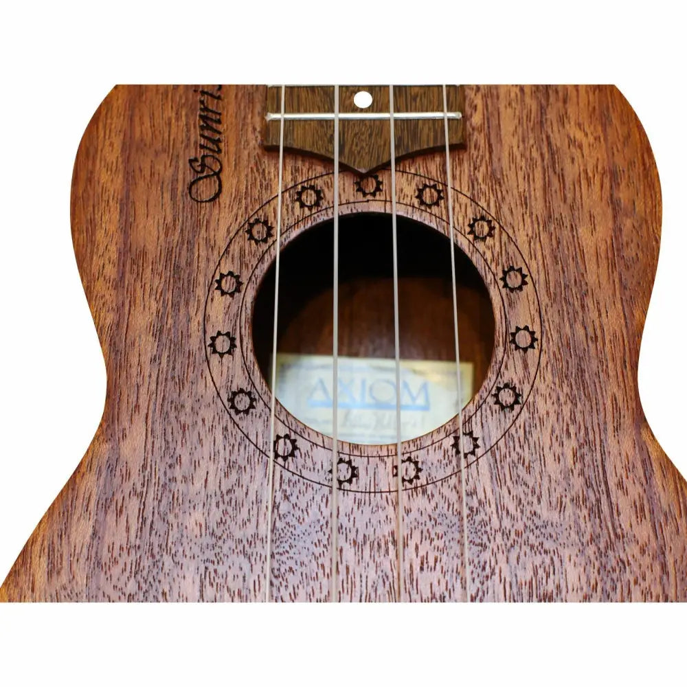 Close-up of Axiom Sunrise Soprano Ukulele with decorative rosette, perfect beginner ukulele for sale in Australia