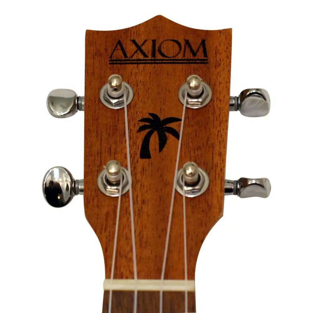 Ukulele headstock with four tuning pegs and palm tree graphic on Axiom Sunrise Ukulele, perfect beginner ukulele for sale in Australia