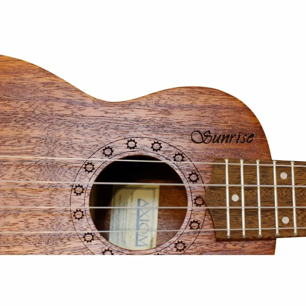 Wooden Axiom Sunrise Soprano Ukulele with dark finish and light strings, perfect beginner ukulele for sale in Australia