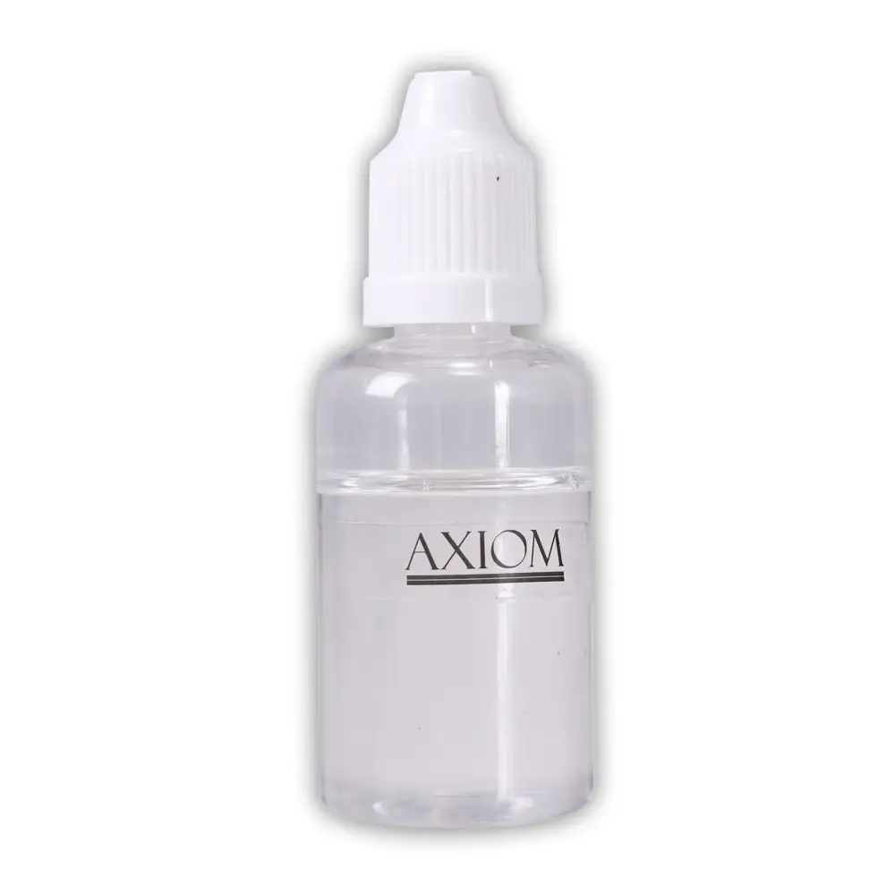 Clear plastic bottle of Axiom valve oil for brass instruments with white ribbed dropper cap and black label text