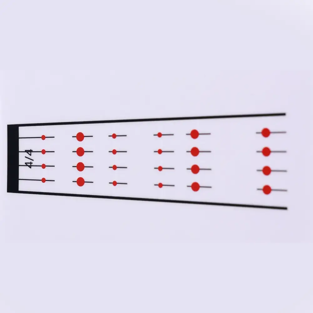 White plastic ruler with black markings and red circular indicators for axiom violin finger guide sticker 1/2 size