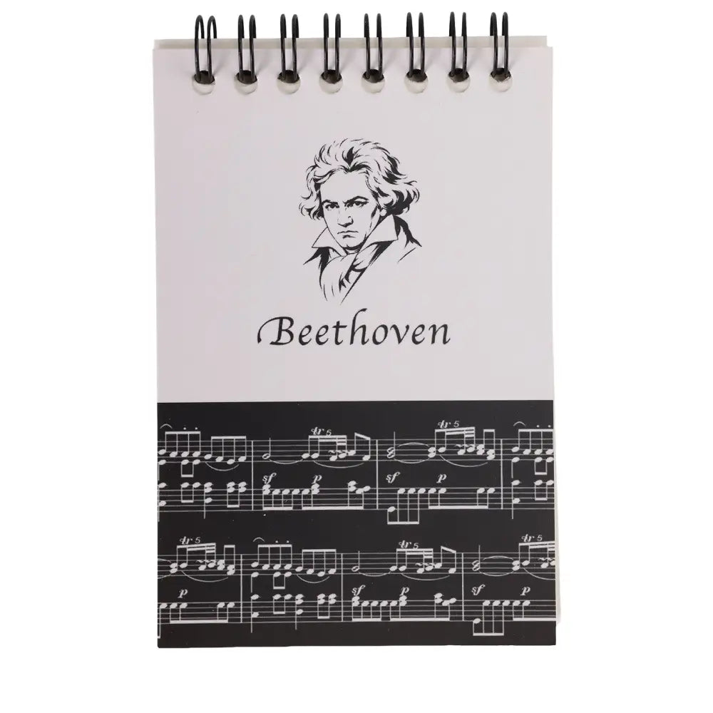 Black and white beethoven spiral notebook with portrait and musical notes on the cover perfect for music fans