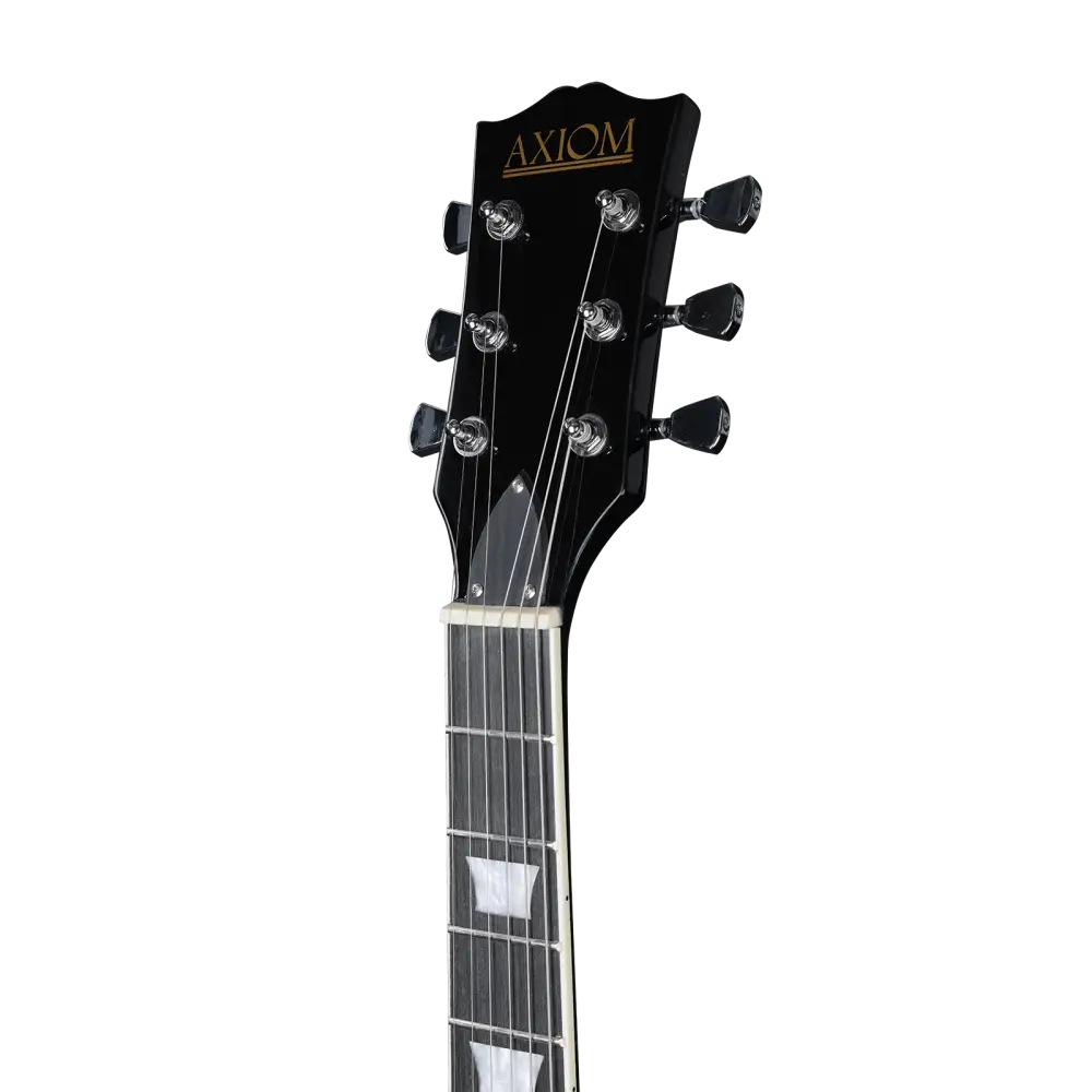 Black electric guitar headstock with gold AXIOM branding and chrome tuning pegs, perfect for left handed guitar enthusiasts in Australia