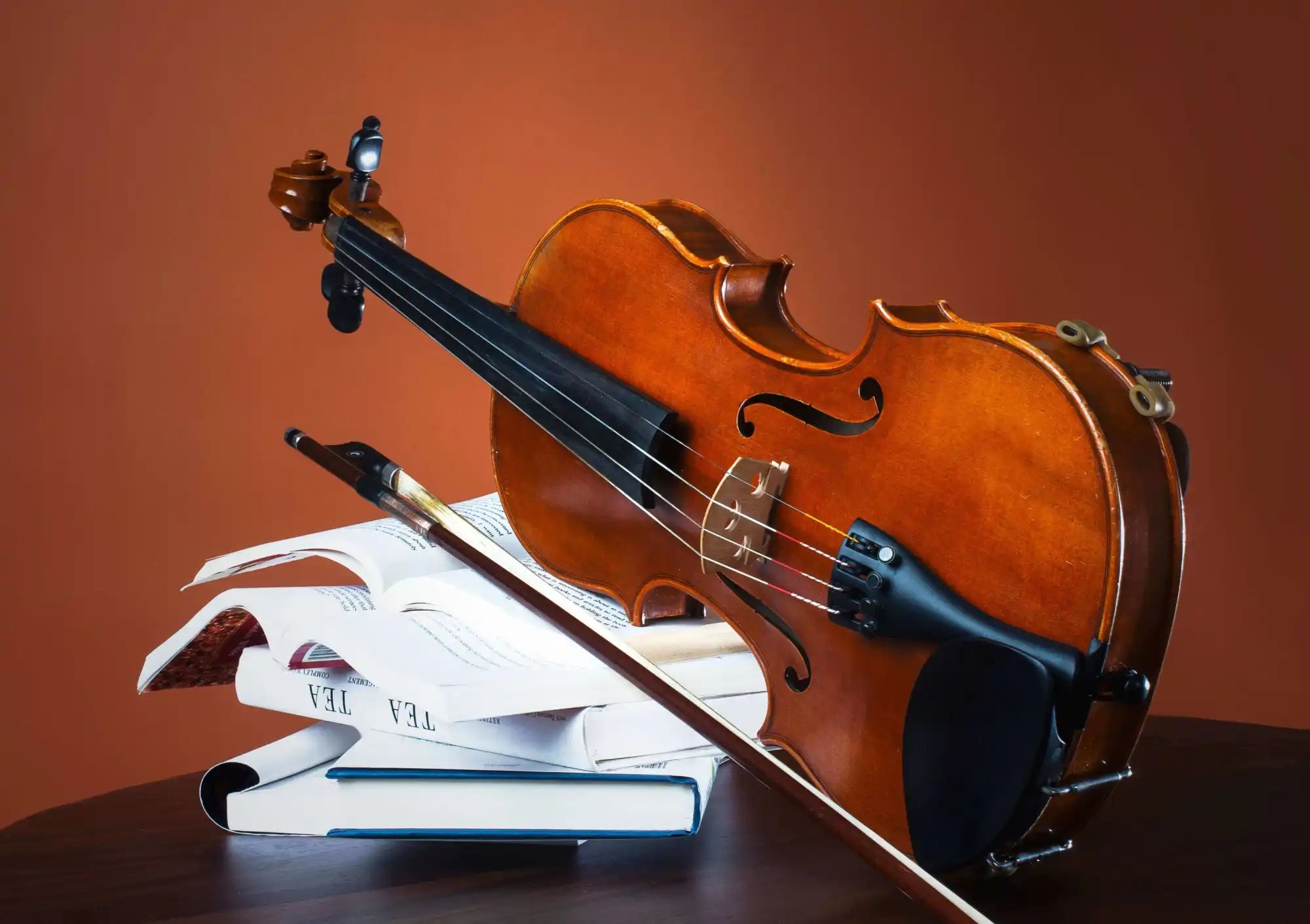 A violin and bow rest on top of three open and closed books on a dark table against a plain brown background.
