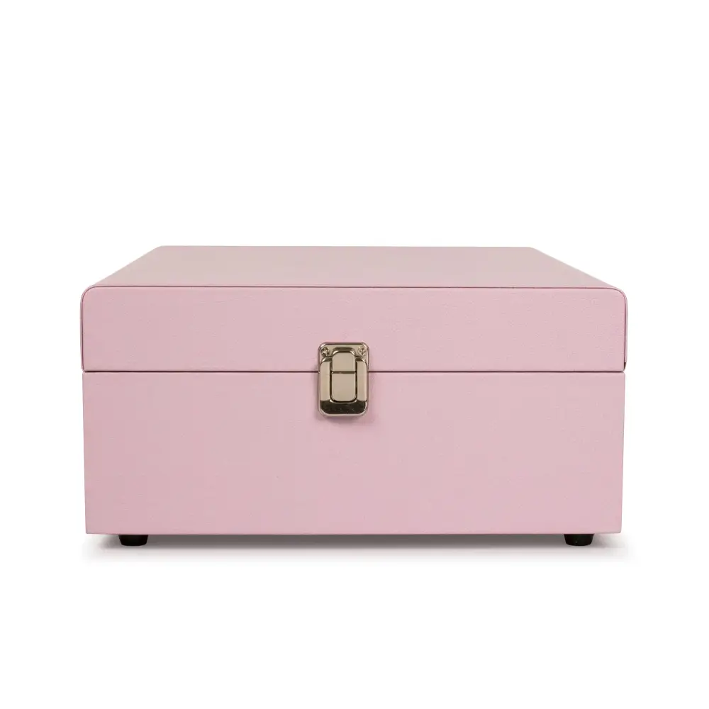 Pink rectangular jewelry box with gold clasp for Crosley Voyager Amethyst portable turntable