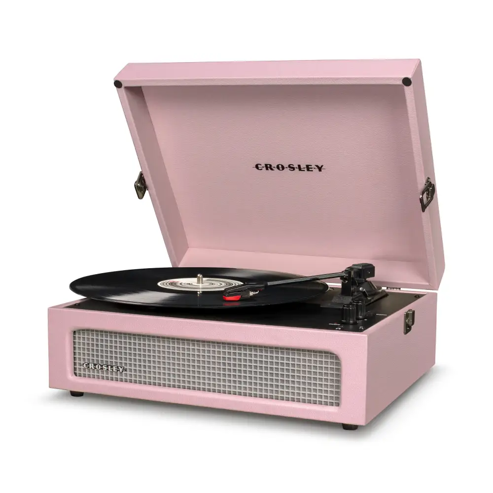 Pink Crosley Voyager Amethyst portable turntable with black vinyl and built-in Bluetooth