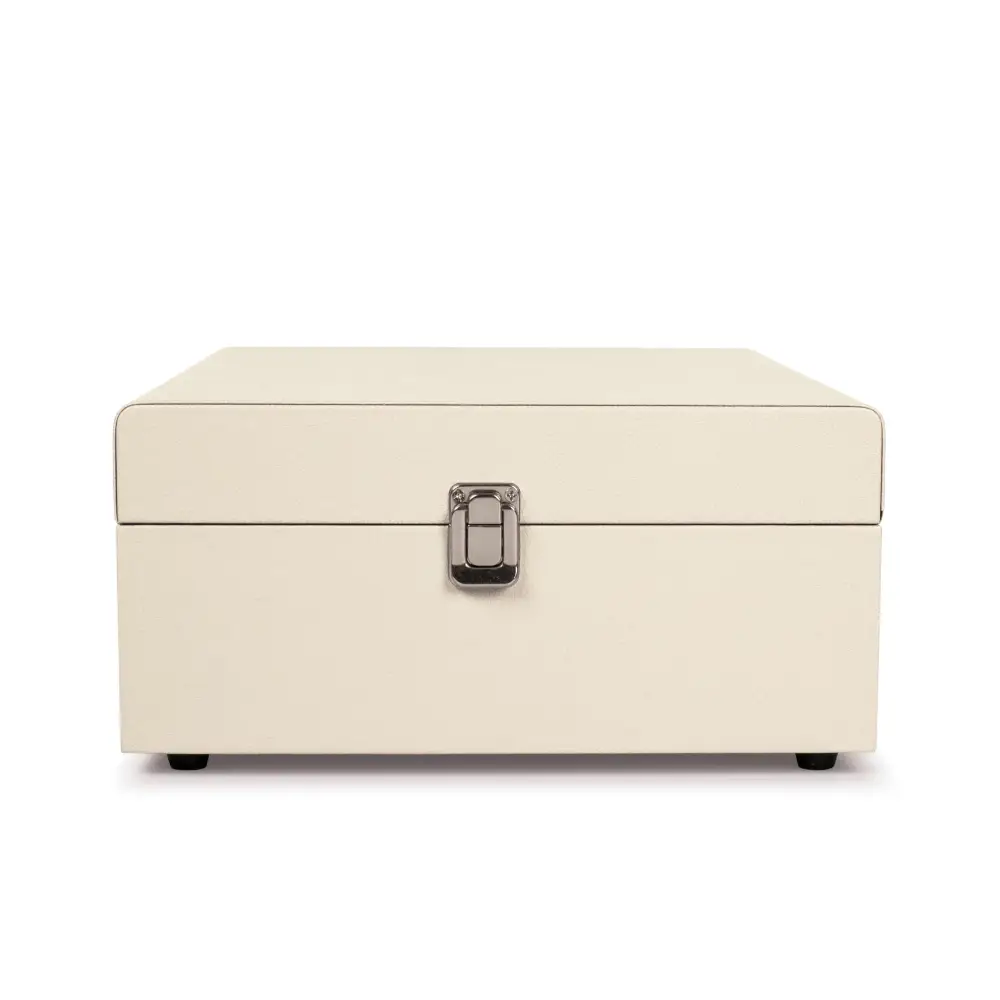Cream-colored storage box with silver latch for Crosley Voyager Dune Bluetooth portable turntable
