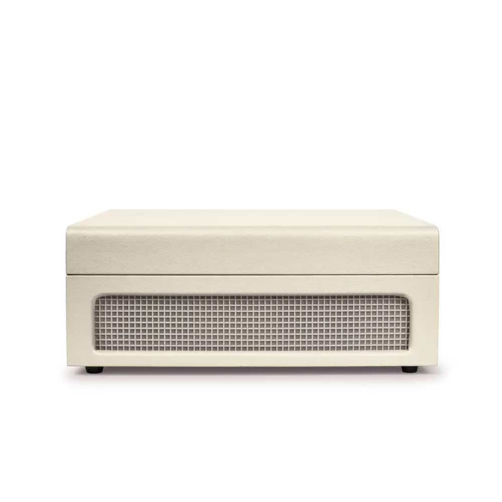 Cream-colored Crosley Voyager Dune Bluetooth portable turntable with perforated speaker grille