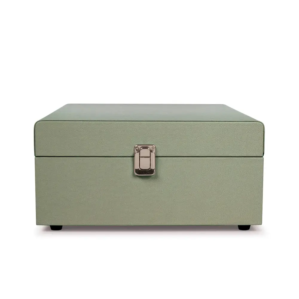 Pale green leather storage box with silver latch for Crosley Voyager Sage Bluetooth portable turntable