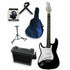 Black left handed electric guitar with gig bag, amp, stand, strap, and tuner in beginner pack