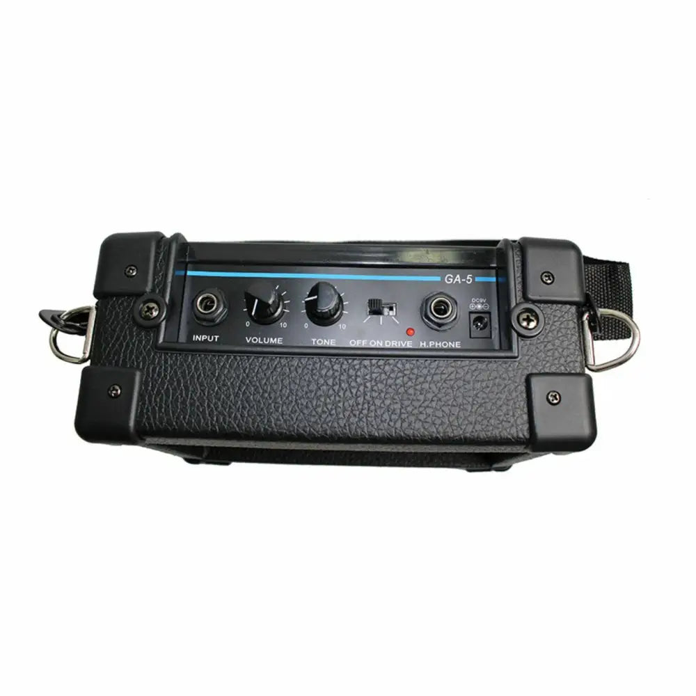 Black portable guitar amp with input and controls for Axiom Discovery LH electric guitar pack