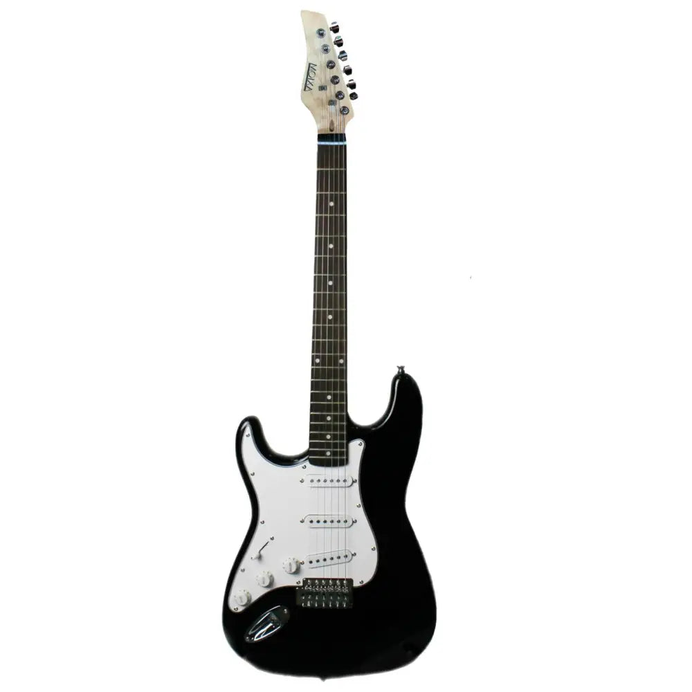 Black and white electric guitar for left handers with pickguard and three single-coil pickups