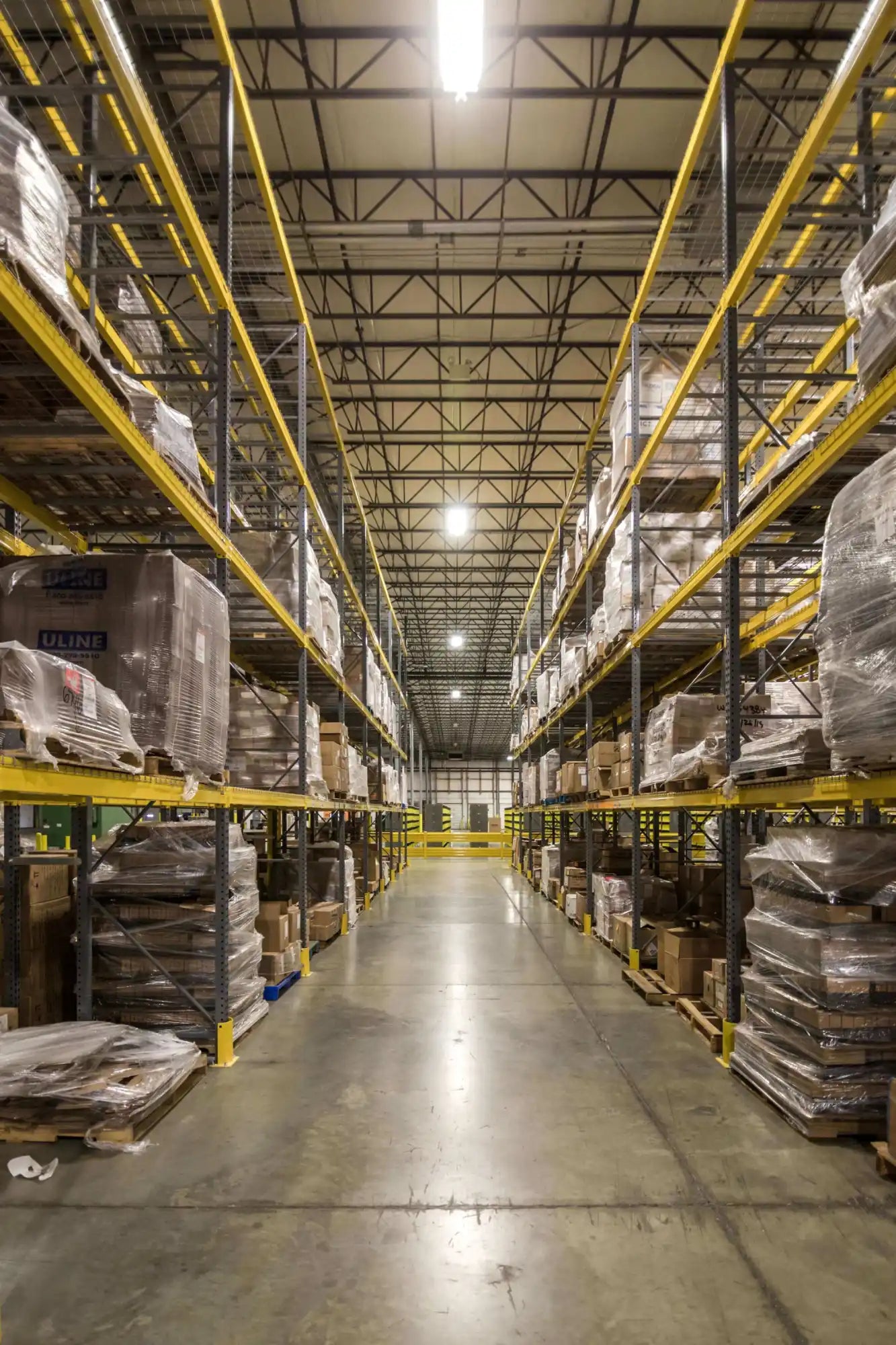 Wide aisle between tall shelving racks filled with stacked pallets and boxes in a well-lit warehouse.