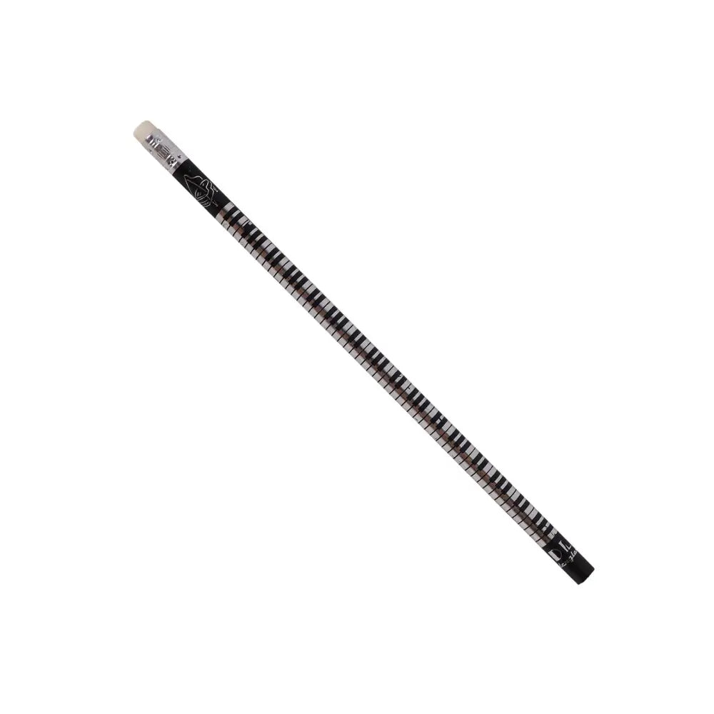 Black and white striped piano keyboard pencil with eraser designed as a keyboard pencil for music lovers