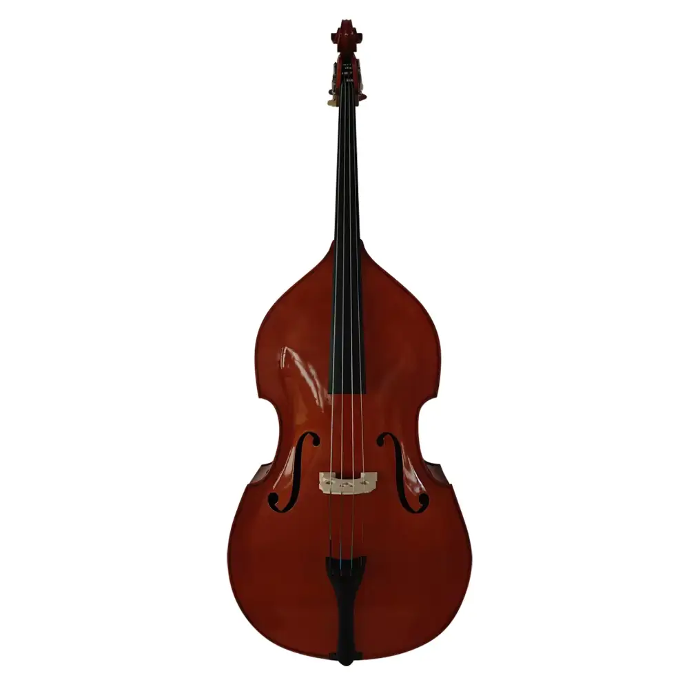A polished mahogany prelude student double bass 3/4 size with a glossy finish and elegant f-holes