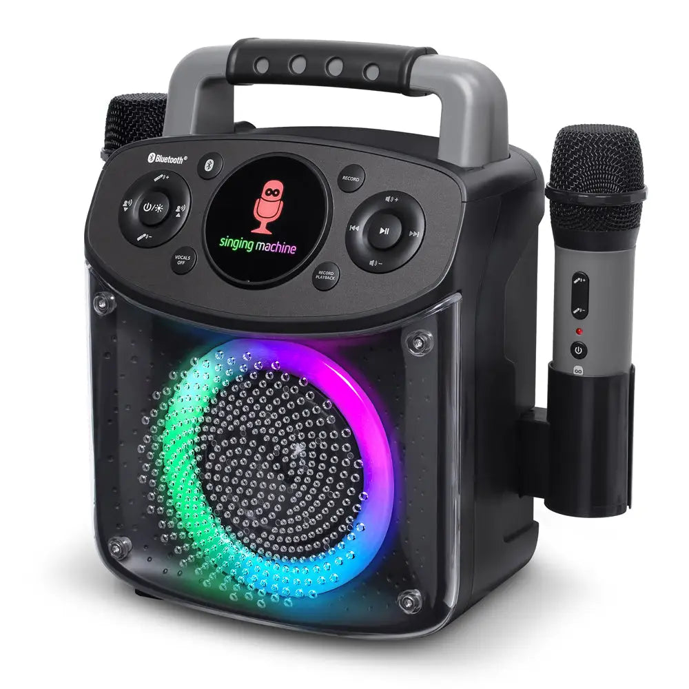 Singing Machine Mini Sparkle Bluetooth Karaoke Speaker with colorful LED lights and wireless microphones included