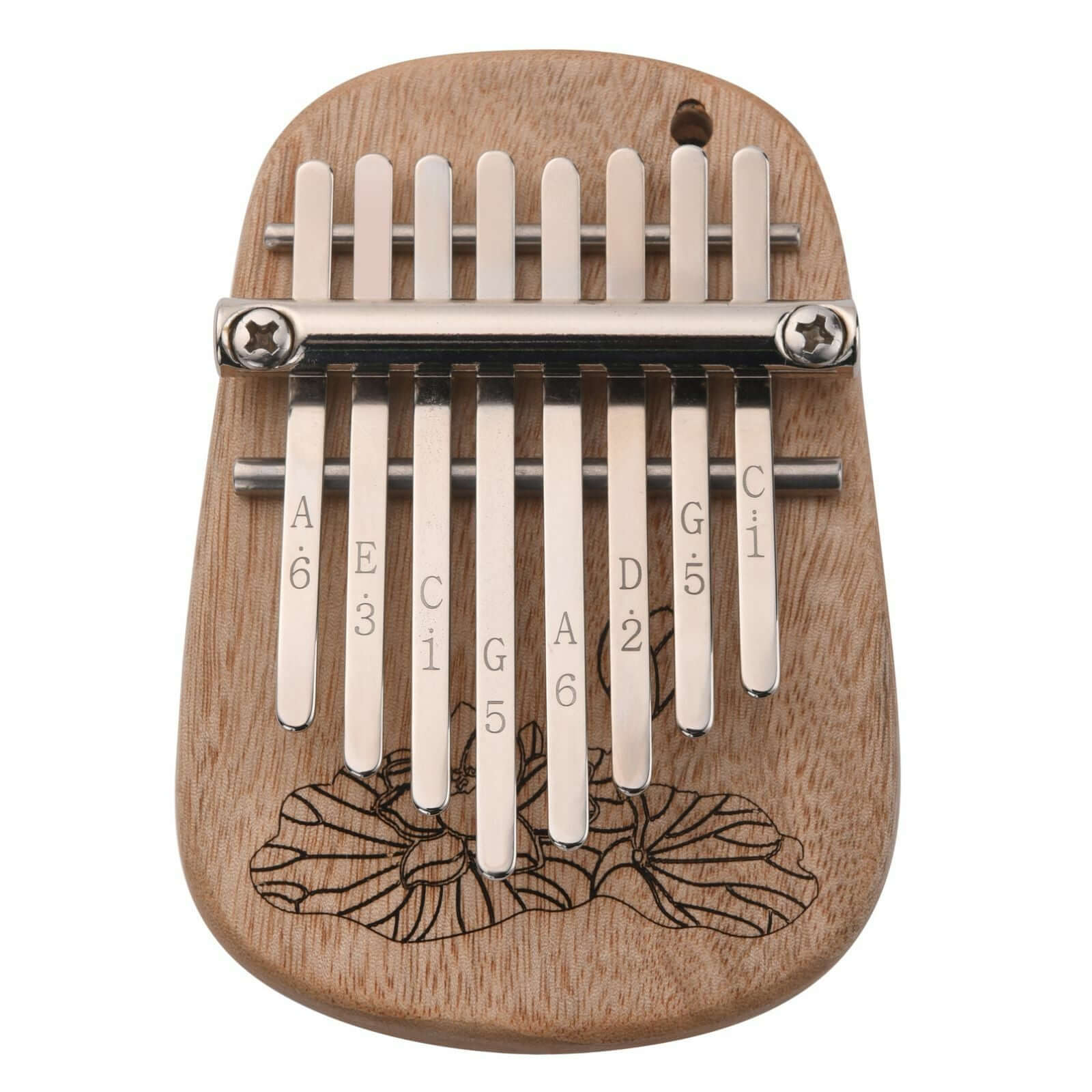 The Axiom Kalimba Thumb Piano by Axiom Music is crafted from camphor wood with an engraved floral design, labeled metal tines for notes and numbers, and comes with a tuning hammer for easy adjustments.