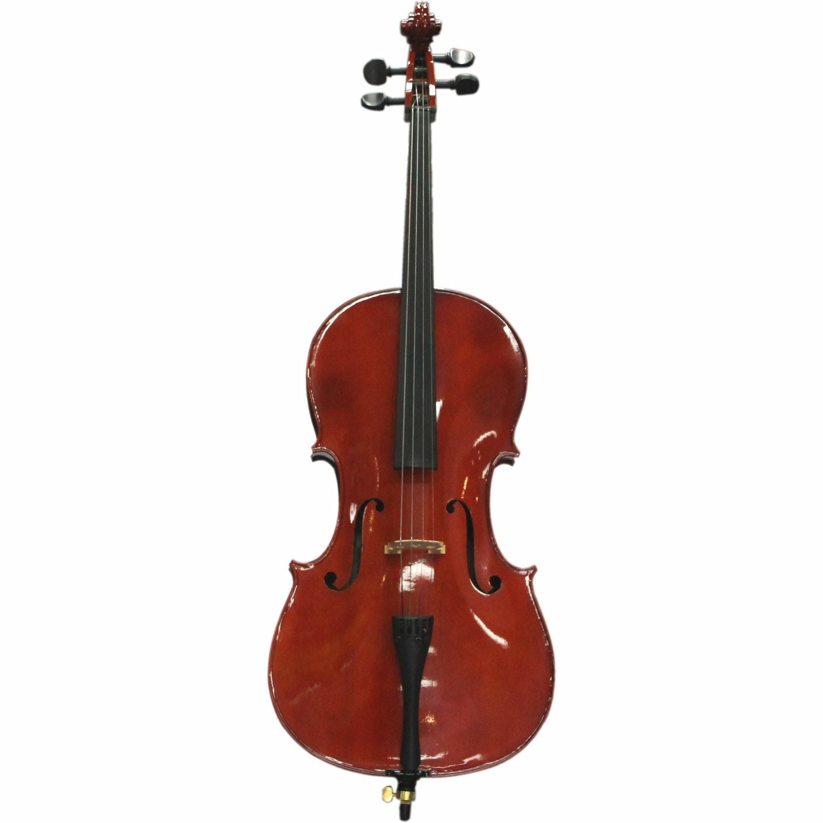 The Axiom Music Axiom Student Cello Outfit – 1/4 sized, features four strings, a black fingerboard, endpin, glossy wooden finish, quality tone woods, and is displayed against a white background.