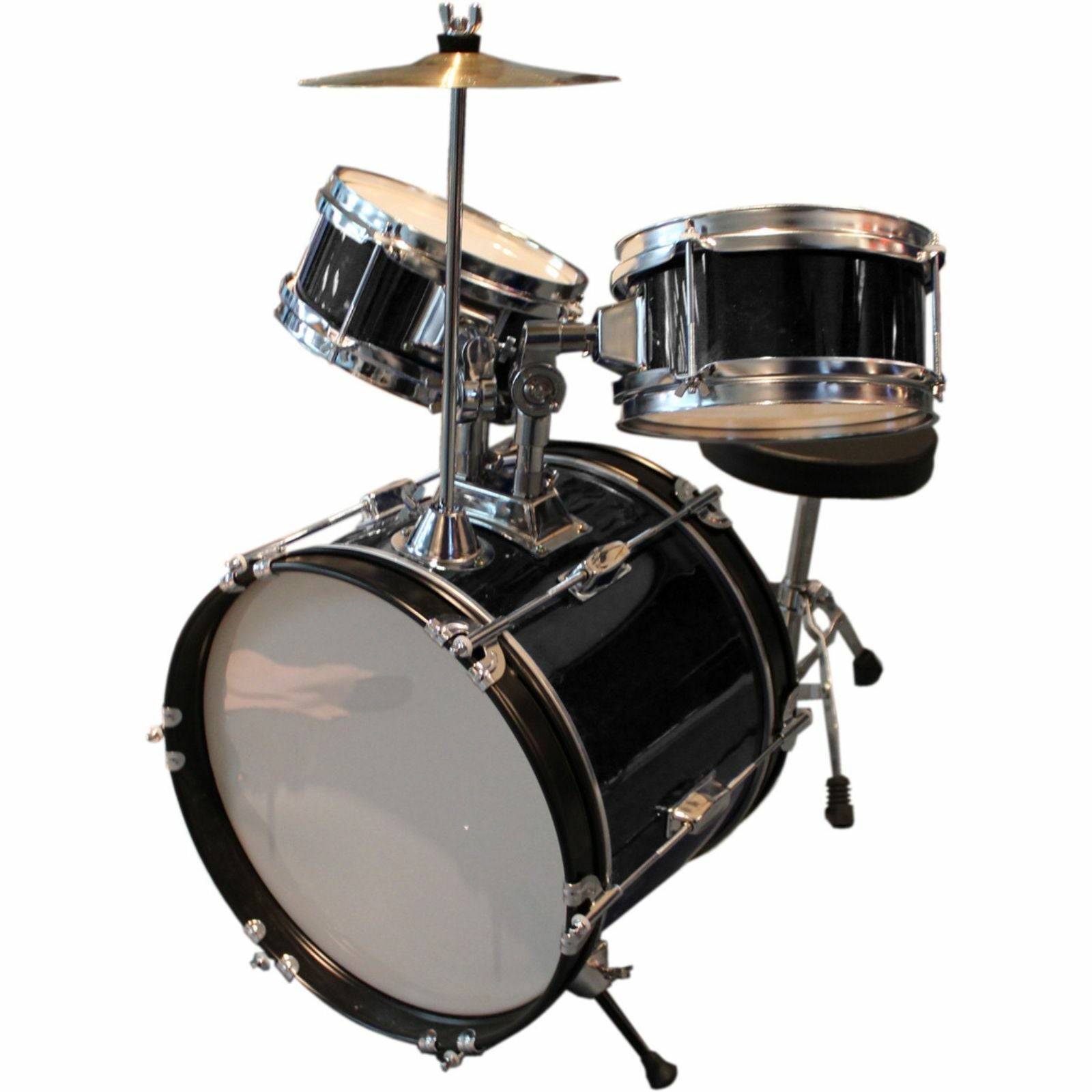 The Axiom Music Axiom Childrens Drum Set - Black features a bass drum, snare, two toms, hi-hat cymbal, durable hardware, drumsticks, and a padded stool, shown on a white background.