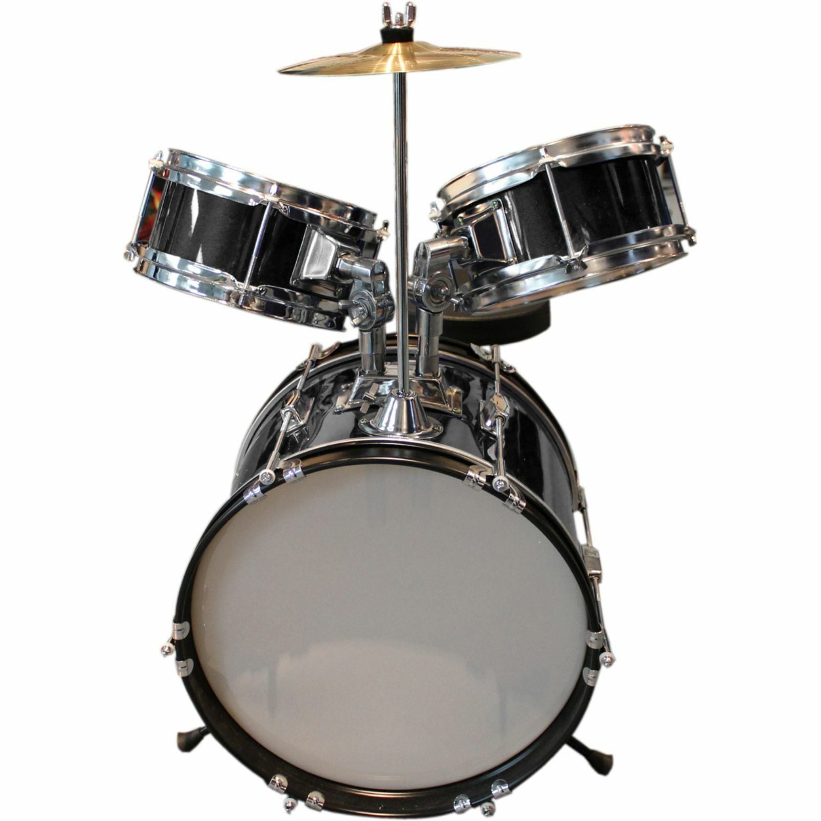 The Axiom Music Axiom Childrens Drum Set - Black features a bass drum, snare, two toms, hi-hat cymbal, durable hardware, drumsticks, and a padded stool, shown on a white background.