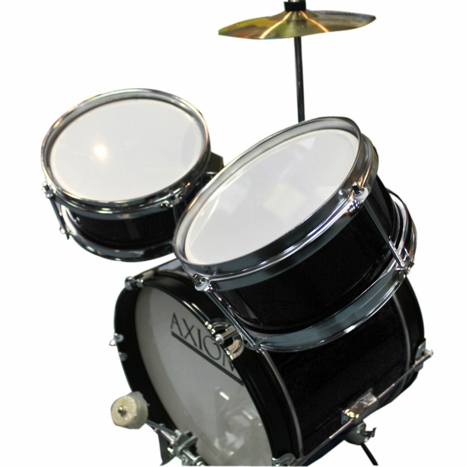 The Axiom Music Axiom Childrens Drum Set - Black features a bass drum, snare, two toms, hi-hat cymbal, durable hardware, drumsticks, and a padded stool, shown on a white background.