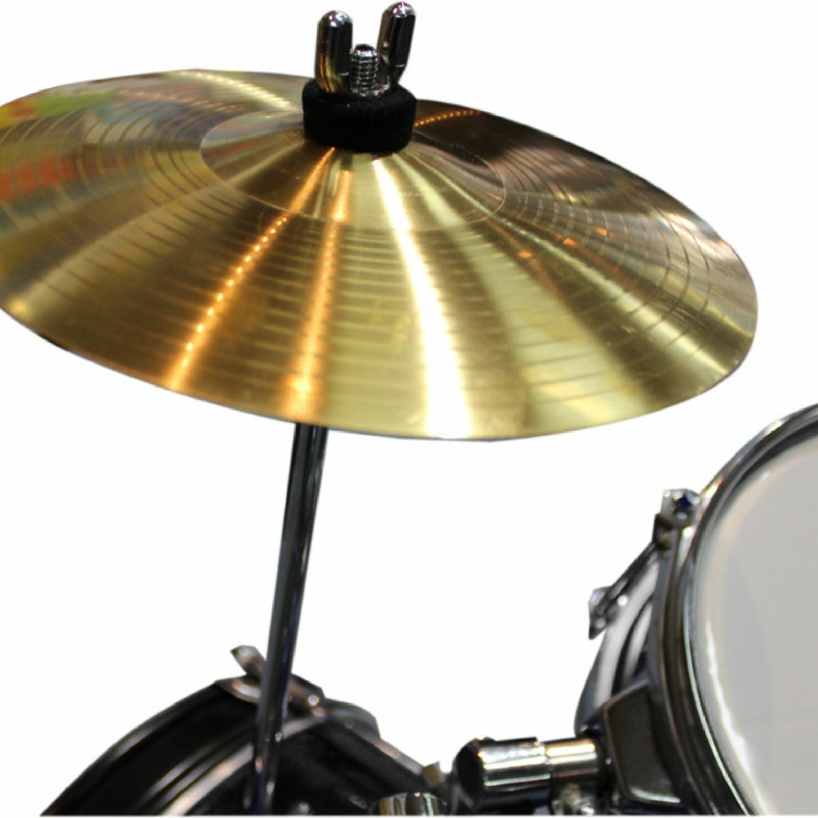 The Axiom Music Axiom Childrens Drum Set - Black features a bass drum, snare, two toms, hi-hat cymbal, durable hardware, drumsticks, and a padded stool, shown on a white background.
