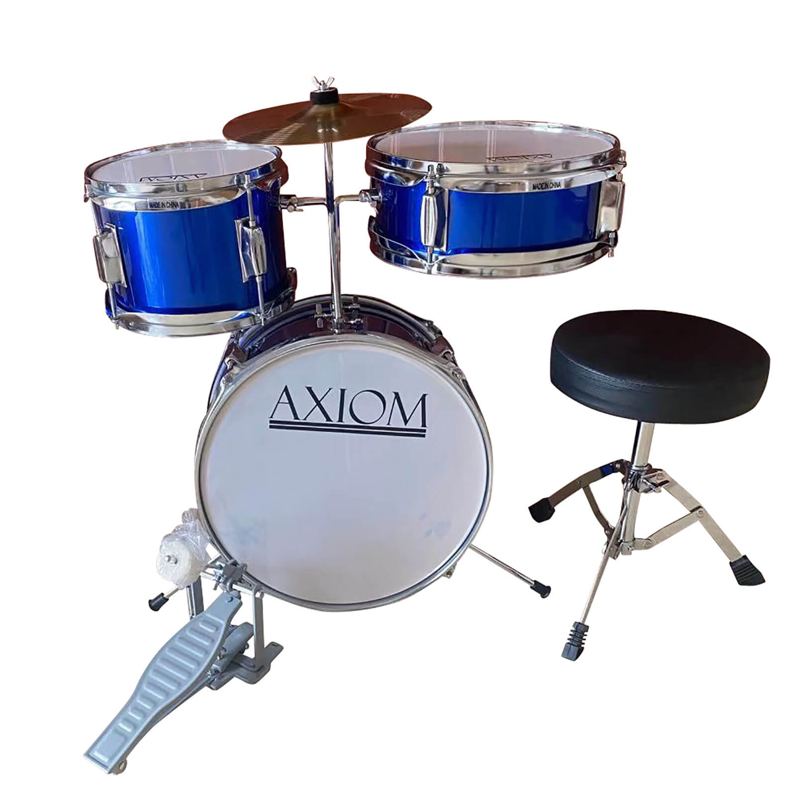 The Axiom Music Axiom Childrens Drum Set - Blue includes three drums, a cymbal, a stool, and drumsticks—ideal for young musicians seeking fun and durability.