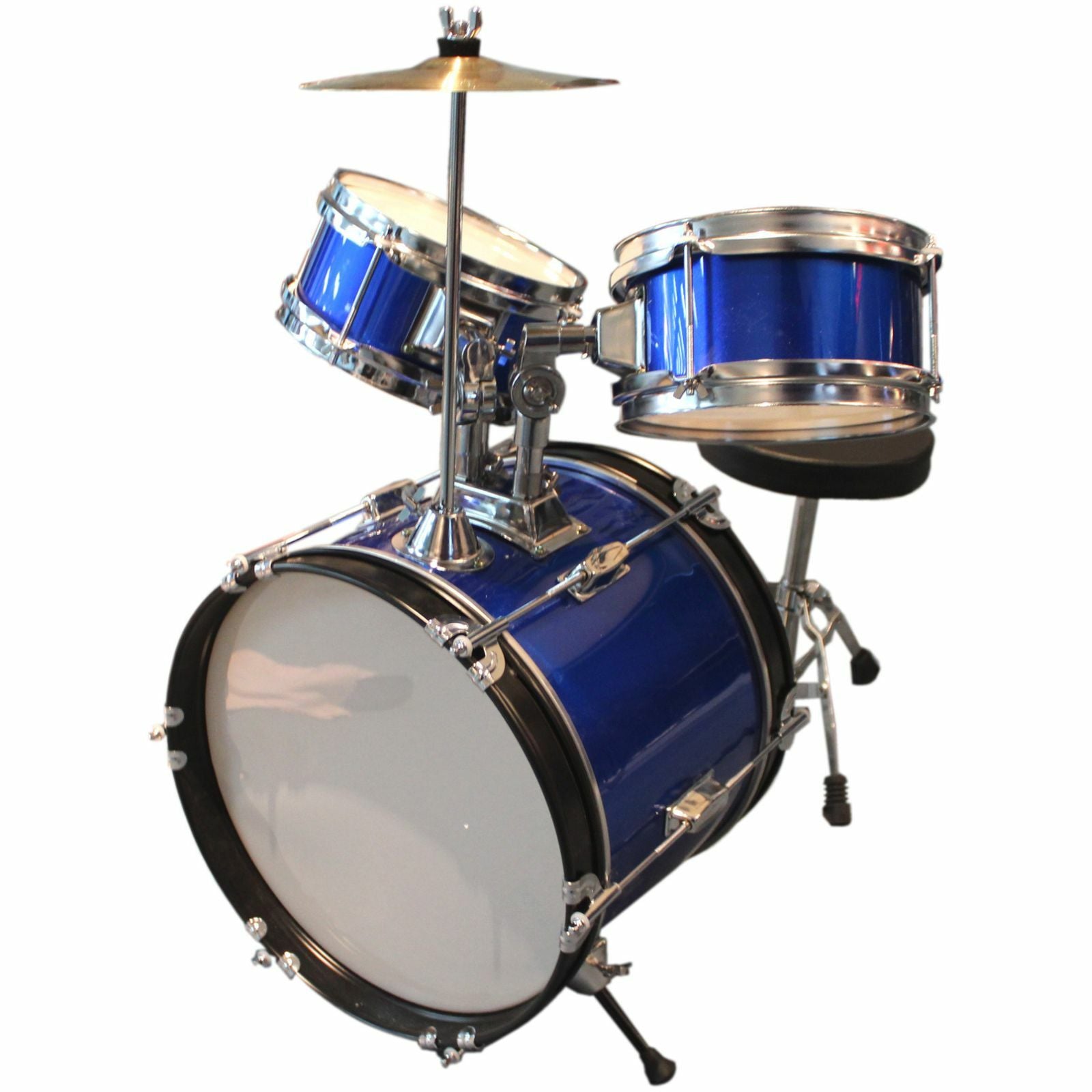 The Axiom Music Axiom Childrens Drum Set - Blue includes three drums, a cymbal, a stool, and drumsticks—ideal for young musicians seeking fun and durability.