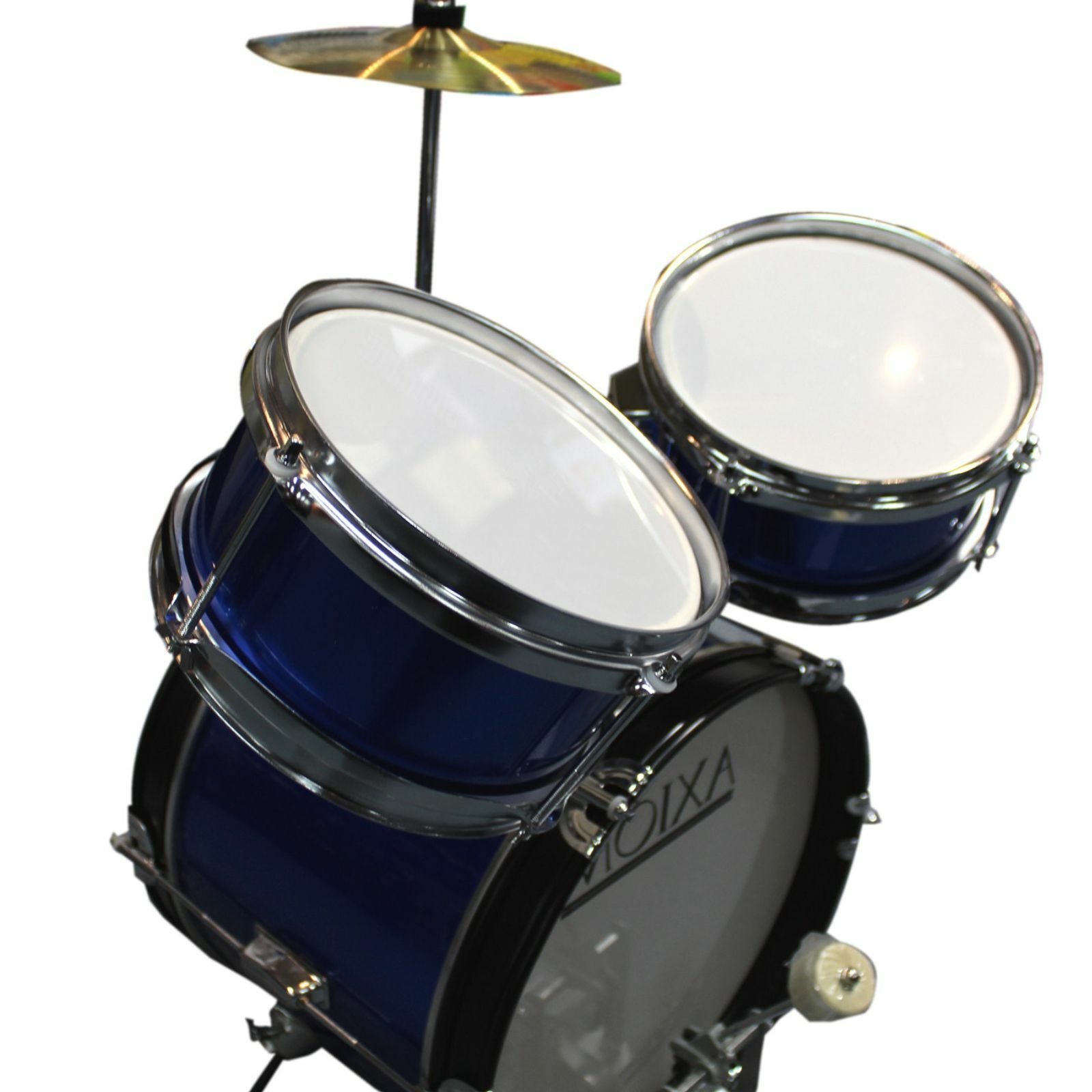 The Axiom Music Axiom Childrens Drum Set - Blue includes three drums, a cymbal, a stool, and drumsticks—ideal for young musicians seeking fun and durability.
