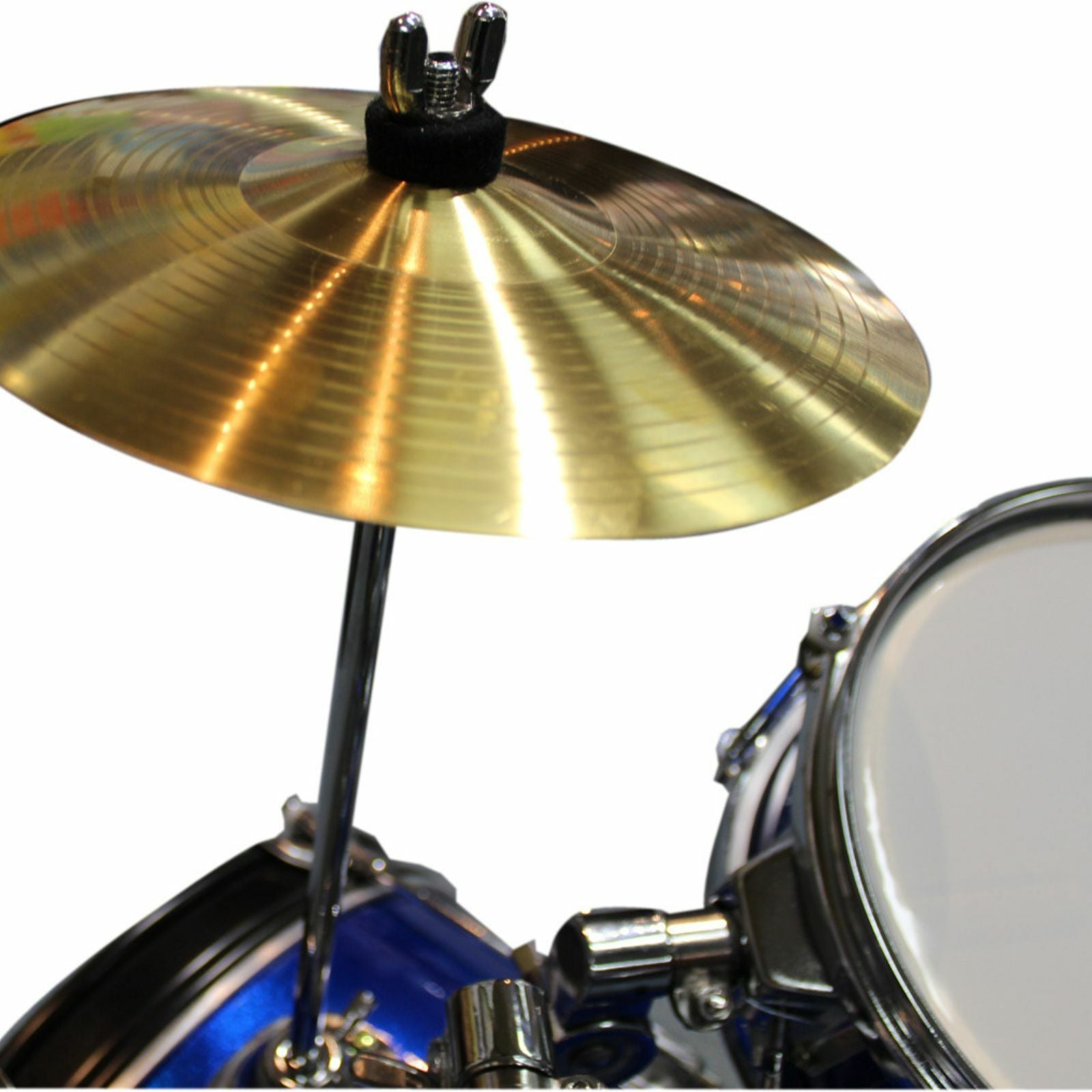 The Axiom Music Axiom Childrens Drum Set - Blue includes three drums, a cymbal, a stool, and drumsticks—ideal for young musicians seeking fun and durability.