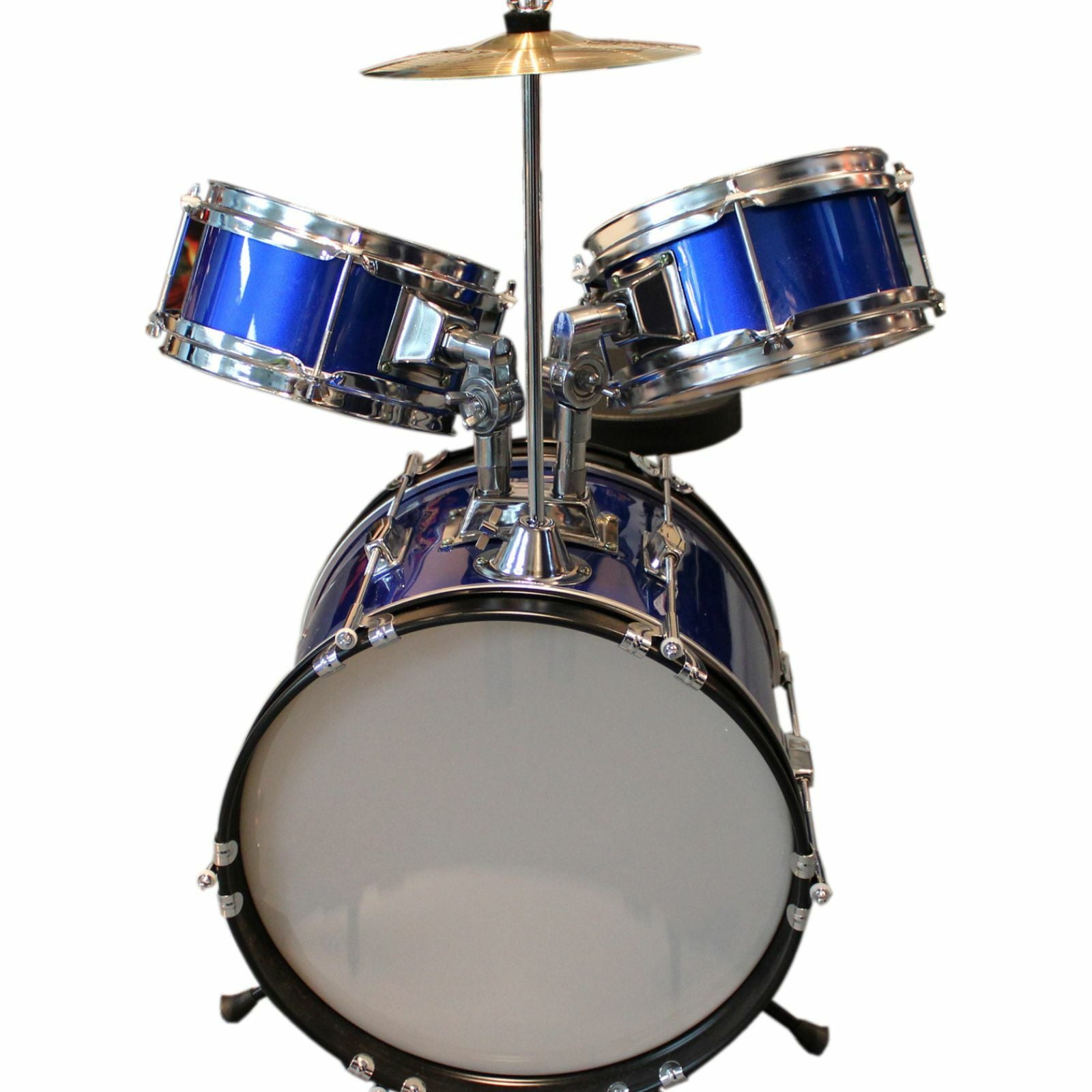 The Axiom Music Axiom Childrens Drum Set - Blue includes three drums, a cymbal, a stool, and drumsticks—ideal for young musicians seeking fun and durability.